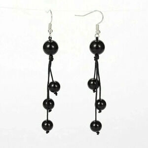 Natural Black Onyx Gemstone Black Silk Thread Knotted Dangle Earrings